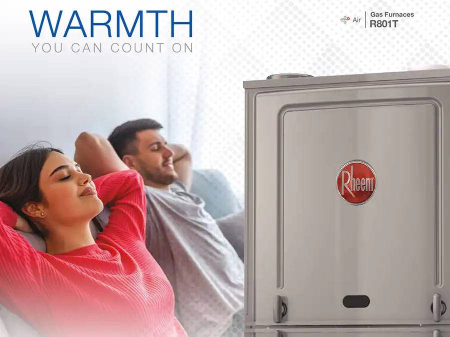 Rheem brand catalogue ad for Gas Furnaces R801T - Warmth you can count on, young couple relaxing in their temperature-controlled home - Vandalia, IL